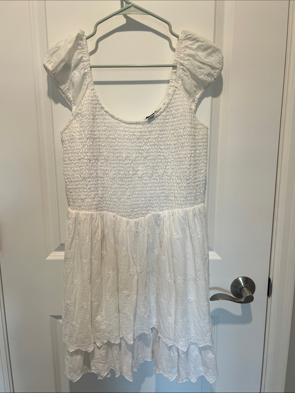 American Eagle Outfitters White Smocked Bodice Tiered Sundress with Puff Sleeves